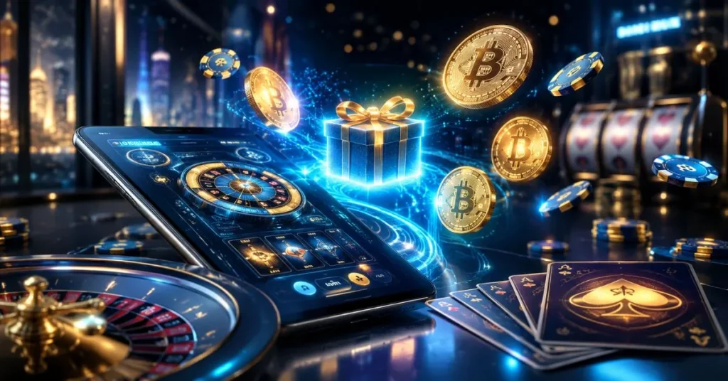 Futuristic Bitcoin casino bonus with a glowing gift box, crypto coins, roulette wheel, playing cards and a mobile gaming interface.
