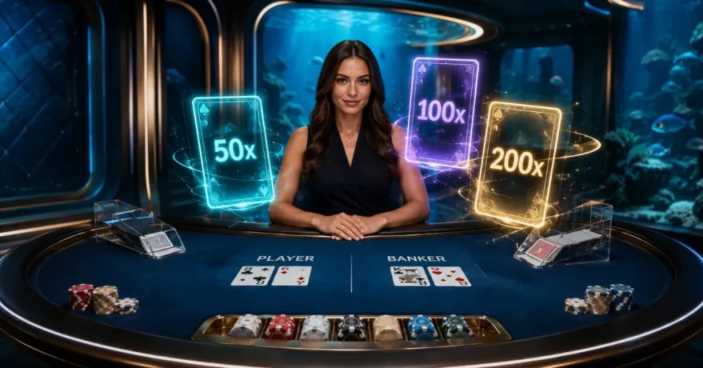 Futuristic USDT casino interface on a tablet, surrounded by poker chips, playing cards, roulette and crypto market charts.