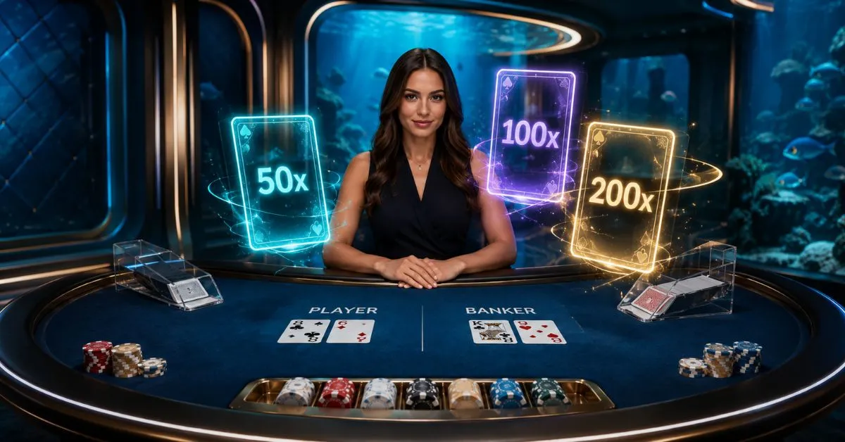 Futuristic USDT casino interface on a tablet, surrounded by poker chips, playing cards, roulette and crypto market charts.