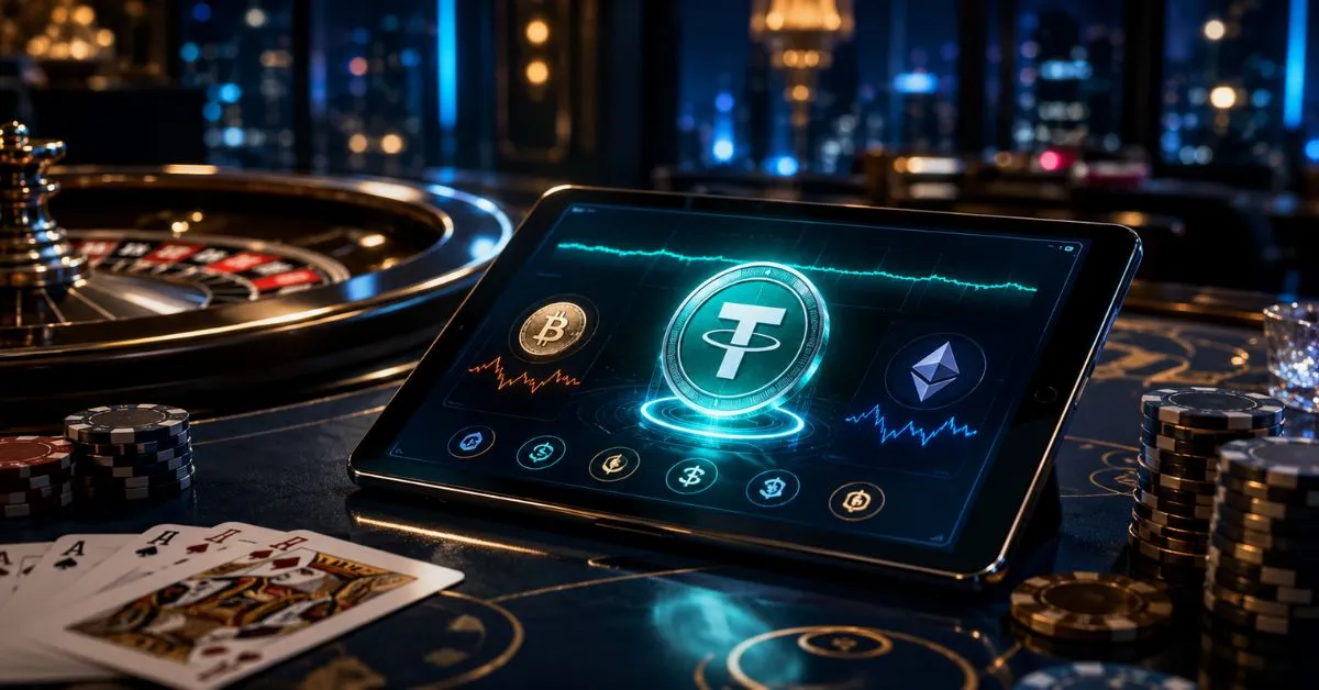 Futuristic USDT casino interface on a tablet, surrounded by poker chips, playing cards, roulette and crypto market charts.
