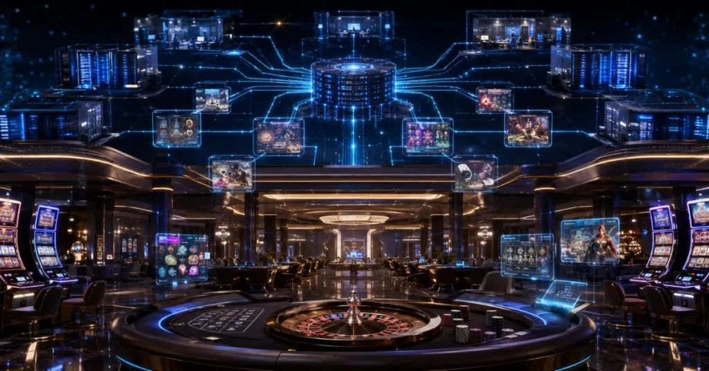 Futuristic crypto casino lobby connected to game studios and server networks, with roulette, slots, holographic game panels, and neon data streams.