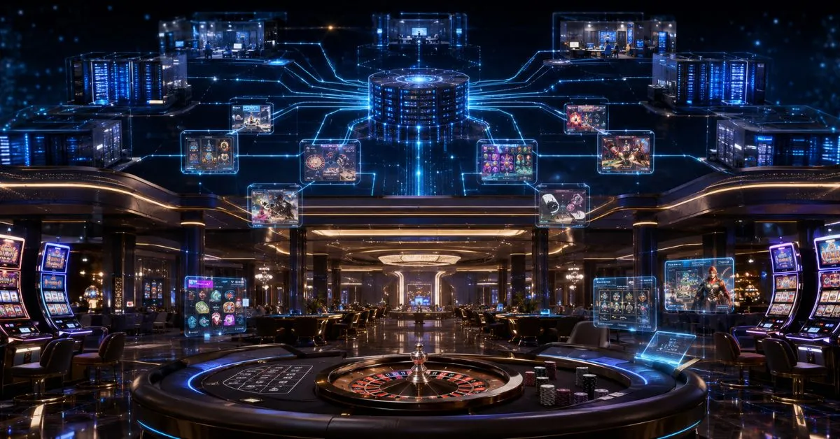 Futuristic crypto casino lobby connected to game studios and server networks, with roulette, slots, holographic game panels, and neon data streams.