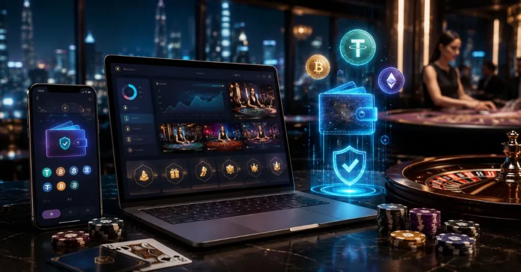 Futuristic crypto casino homepage with live dealer games, digital wallets, USDT and Bitcoin icons, roulette, poker chips and mobile gaming.