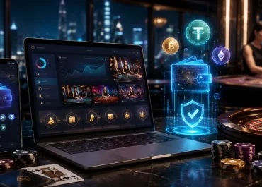 Futuristic crypto casino homepage with live dealer games, digital wallets, USDT and Bitcoin icons, roulette, poker chips and mobile gaming.