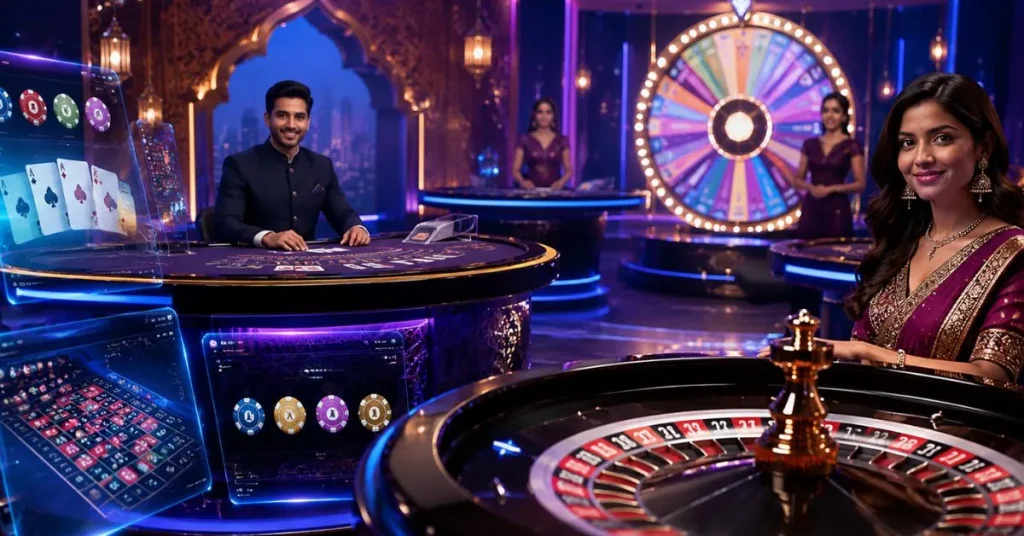 Futuristic live casino in India featuring roulette, blackjack, live dealers, holographic game screens, and vibrant neon lighting.