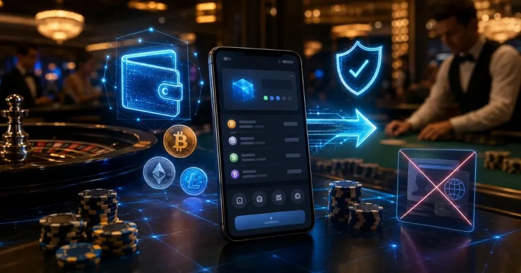 Futuristic no-KYC crypto casino interface with a digital wallet, security shield, casino chips and a crossed-out ID card.