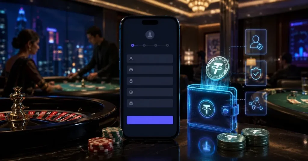 Futuristic crypto casino sign-up on a smartphone beside a glowing USDT wallet, roulette wheel and live gaming tables.